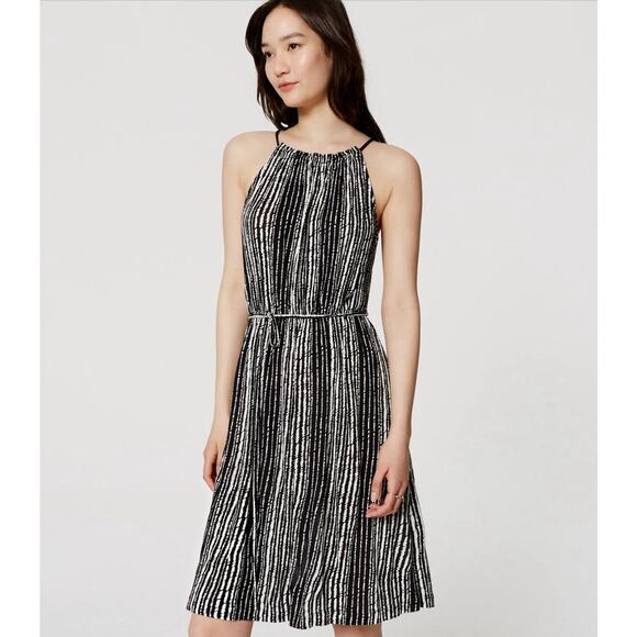 Loft Black White Marina Tie Striped Midi Dress Medium - Picture 1 of 8